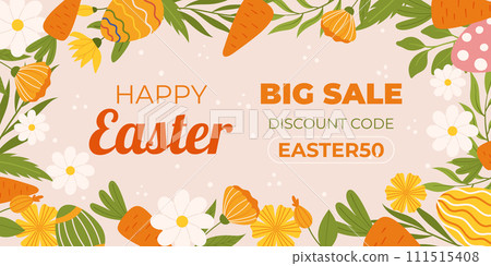 Easter sale horizontal background template for promotion. Design with painted eggs, flowers and carrots. Spring seasonal advertising. Hand drawn flat vector illustration. 111515408