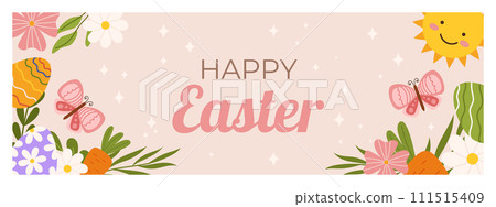 Easter horizontal banner template. Design for celebration spring holiday with flowers, carrot and butterfly, sun and painted eggs. 111515409