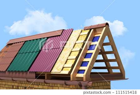 Concept roof of the house concept different types of roofing on a wooden frame 3d render on blue 111515418