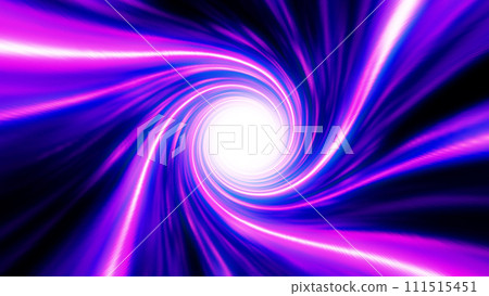 Neon colored purple hypertunnel spinning speed space tunnel made of twisted swirling energy magic glowing light lines abstract background. 111515451