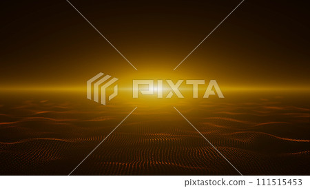 Dynamic yellow wave of glowing particles with shiny golden sunset. Abstract digital background. Data flow information. Concept of digital communication. 111515453