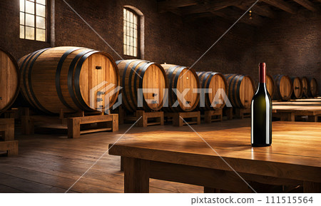 Rustic wooden table with bottle of wine 111515564
