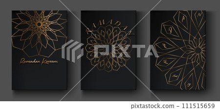 Ramadan Kareem 2024 vector set black card. Islamic gold mandala round ornament. Golden holiday poster with text, Arabic symbols. Concept Muslim religion banner, flyer, party invitation, sale shop Ramadan Kareem 2024 vector set black card. Islamic gold mandala round ornament. Golden holiday poster with text, Arabic symbols. Concept Muslim religion banner, flyer, party invitation, sale shop 111515659