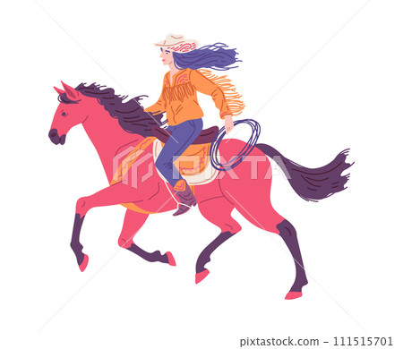 Pretty western style cowgirl on horse, vector illustration isolated on white 111515701