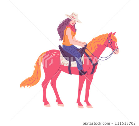 Smiling cowgirl in hat sitting on horse flat style, vector illustration Smiling cowgirl in hat sitting on horse flat style, vector illustration 111515702