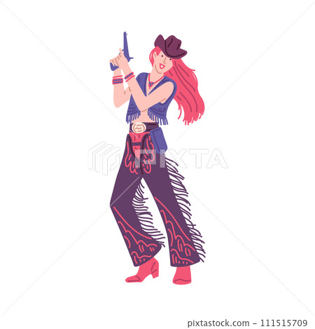 Pretty cowgirl wearing traditional western clothing outfit and holding up gun. 111515709