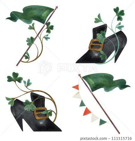 Set of illustrations for St. Patrick's Day. Compositions for postcards and Irish holiday decorations. Isolated watercolor illustration on white background. 111515716