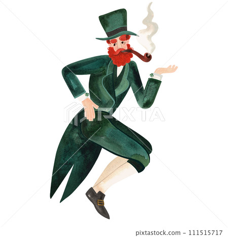 Leprechaun in a green suit and top hat. Symbol of Ireland. Red bearded man. Isolated watercolor illustration on white background. Character. 111515717