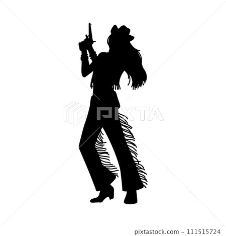 Beautiful cowgirl with revolver black silhouette, American western rodeo woman, vector vintage cowgirl with gun in hands Beautiful cowgirl with revolver black silhouette, American western rodeo woman, vector vintage cowgirl with gun in hands 111515724