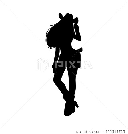 Silhouette of woman touching cowboy hat on her head with gun. Silhouette of woman touching cowboy hat on her head with gun. 111515725