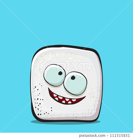 Vector Cartoon sugar cartoon characters isolated on blue background. funky sweet sugar cube character with eyes and mouth. funky food character Vector Cartoon sugar cartoon characters isolated on blue background. funky sweet sugar cube character with eyes and mouth. funky food character 111515831