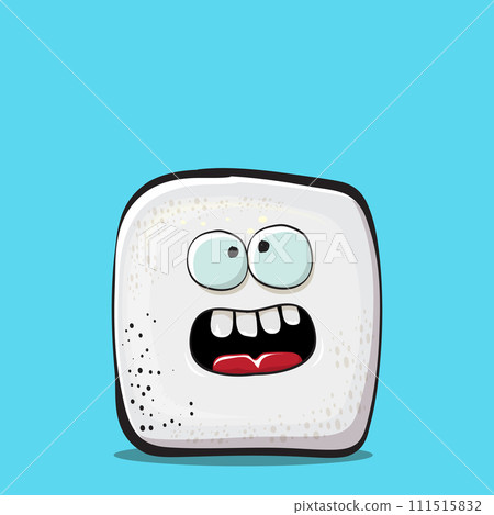 Vector Cartoon sugar cartoon characters isolated on blue background. funky sweet sugar cube character with eyes and mouth. funky food character Vector Cartoon sugar cartoon characters isolated on blue background. funky sweet sugar cube character with eyes and mouth. funky food character 111515832