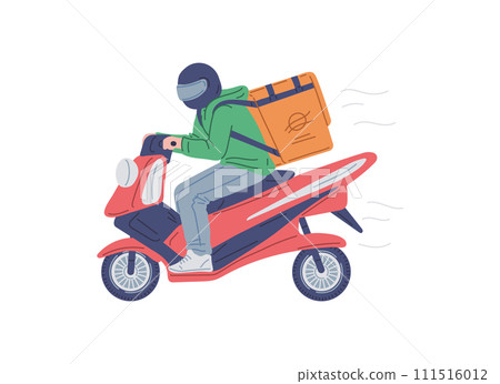 Courier on a motorcycle with a delivery box backpack, delivery service vector cartoon illustration, fresh food shipping 111516012