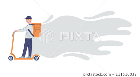 Smiling courier with yellow bag rides scooter flat style Smiling courier with yellow bag rides scooter flat style 111516032