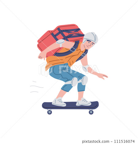 Courier on a skateboard carry a delivery box backpack, delivery service, fresh food shipping vector cartoon illustration 111516074