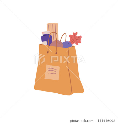 Paper shopping bag with grocery and household goods, flat vector isolated. 111516098