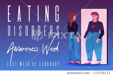 Eating disorder awareness week t vector banner, Anorexia, sad skinny woman is fat obesity in the mirror, mental health 111516113