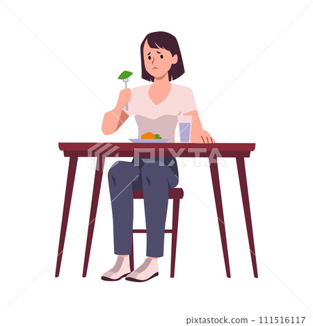 Sad woman eating salad with fresh vegetables, vector anorexia, eating disorder symptom, restrictive food intake disorder 111516117