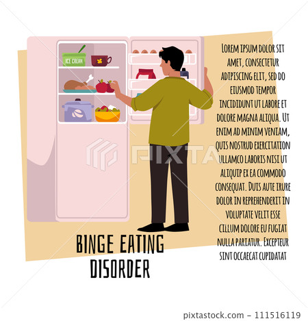 Binge eating disorder vector poster, man standing in front of opened fridge full of the food, obese gluttony, overeating 111516119
