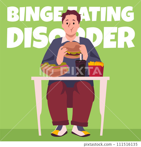 A man at a table eats fast food. Vector illustration of compulsive overeating disorder. A man at a table eats fast food. Vector illustration of compulsive overeating disorder. 111516135