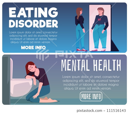 Eating disorder, anorexia and bulimia concept, skinny woman fat in the mirror, vomiting mental health problem flyers set Eating disorder, anorexia and bulimia concept, skinny woman fat in the mirror, vomiting mental health problem flyers set 111516143