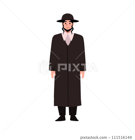 Jewish priest male, vector cartoon religious bearded man in black coat and headdress, Israelite orthodox religion 111516149