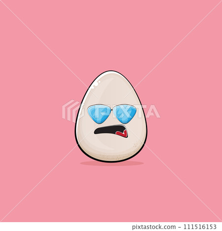 Egg character. Cartoon white egg isolated on pink background. Funky food egg character with eyes and mouth isolated. Vector white egg clip art, emoji, label and sticker 111516153