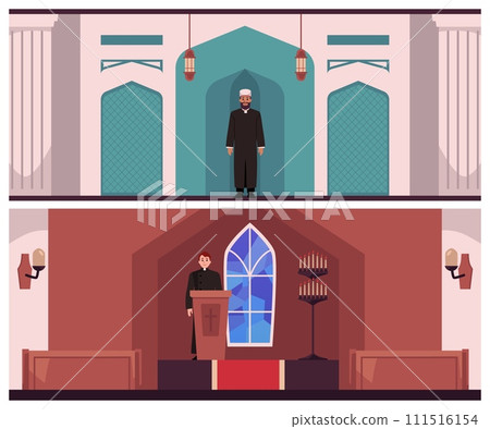 Islamic and Christianity religion vector set, Priest standing in church, Muslim man in the mosque, Arabian and Orthodox Islamic and Christianity religion vector set, Priest standing in church, Muslim man in the mosque, Arabian and Orthodox 111516154