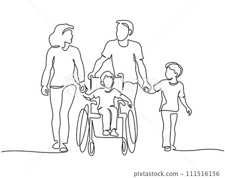 Happy disabled boy with his family together outdoor. 111516156