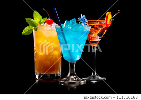Set and collection of classic alcohol cocktails or mocktail isolated on white background with fresh summer fruits 111516168