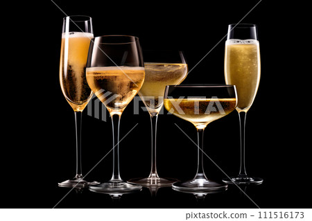 Set of crystal-clear flute glass of champagne isolated on black background Set of crystal-clear flute glass of champagne isolated on black background 111516173