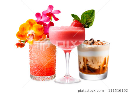 Set and collection of classic alcohol cocktails or mocktail isolated on white background with fresh summer fruits 111516192