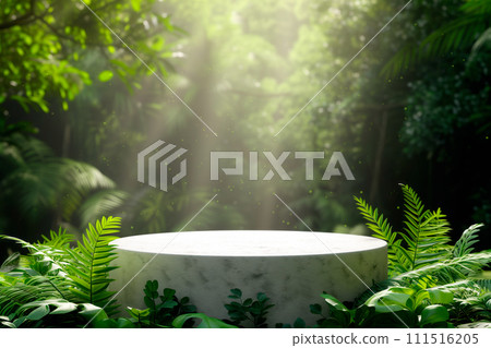 Cylinder podium for product demonstration on green background with nature elements like leaves, plants and flowers Cylinder podium for product demonstration on green background with nature elements like leaves, plants and flowers 111516205