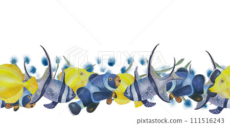 Seamless borders, watercolor illustration with tropical fish, corals. For fabric, textiles, wallpaper, prints Seamless borders, watercolor illustration with tropical fish, corals. For fabric, textiles, wallpaper, prints 111516243