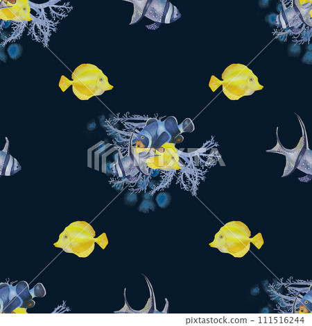 Watercolor illustration with tropical fish, corals. Seamless pattern, dark, juicy, bright. For fabric, textiles, wallpaper, prints. High quality photo 111516244