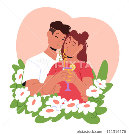 Blissful Couple Characters Shares Tender Moment, Sipping Cocktail Through Intertwined Straws, Their Eyes Locked In Love Blissful Couple Characters Shares Tender Moment, Sipping Cocktail Through Intertwined Straws, Their Eyes Locked In Love 111516276