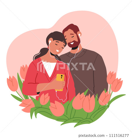 Tender Embrace, Shared Earbuds Unite A Romantic Couple In A World Of Melodies. Man And Woman in Love Vector Illustration 111516277