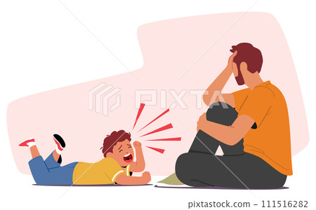 Distressed Child Unleashes Hysterical Screams, A Torrent Of Emotions In A Tantrum. Despondent Father Vector Illustration Distressed Child Unleashes Hysterical Screams, A Torrent Of Emotions In A Tantrum. Despondent Father Vector Illustration 111516282