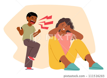 Child Piercing Screams Pierce The Air, Tantrum In Full Swing. Desperate Mother Character Covers Ears, Seeking Refuge 111516283