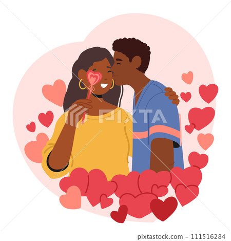 Romantic Black Couple Characters Share Tender Moment, Surrounded By A Cascade Of Hearts In A Blissful Kiss 111516284
