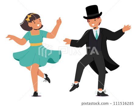 Spirited Little Boy And Girl Characters In Vintage Attire, Joyfully Dance To Retro Jazz Beats, Showcasing Adorable Moves Spirited Little Boy And Girl Characters In Vintage Attire, Joyfully Dance To Retro Jazz Beats, Showcasing Adorable Moves 111516285