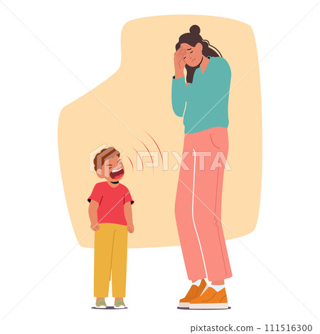 Amidst Piercing Cries Of A Hysterical Child In Tantrum, A Heartbroken Mother Character Struggles Overwhelmed By Outburst Amidst Piercing Cries Of A Hysterical Child In Tantrum, A Heartbroken Mother Character Struggles Overwhelmed By Outburst 111516300