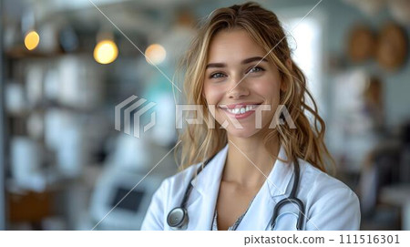 Confident young female doctor smiling in clinic setting. professional healthcare worker portrait. medical staff representaiton. AI Confident young female doctor smiling in clinic setting. professional healthcare worker portrait. medical staff representaiton. AI 111516301