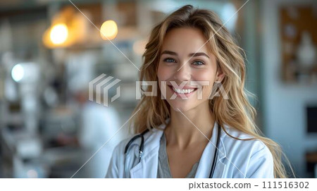 Confident female medical professional in lab coat smiles. healthcare worker portrait. AI 111516302