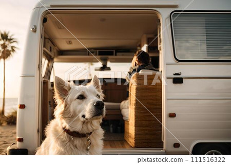 Serene dog enjoying a sunset by the van. journey with pets. a perfect travel companion. AI 111516322