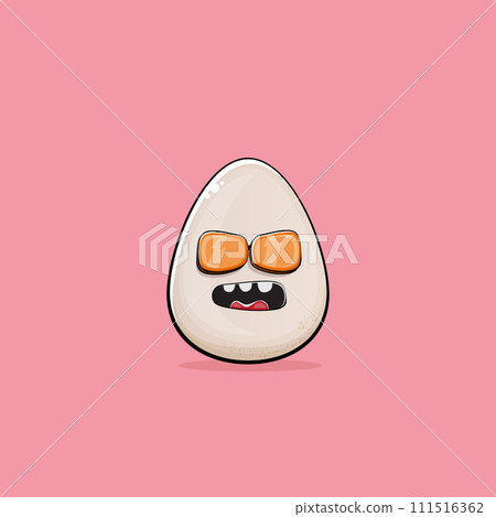 Egg character. Cartoon white egg isolated on pink background. Funky food egg character with eyes and mouth isolated. Vector white egg clip art, emoji, label and sticker Egg character. Cartoon white egg isolated on pink background. Funky food egg character with eyes and mouth isolated. Vector white egg clip art, emoji, label and sticker 111516362