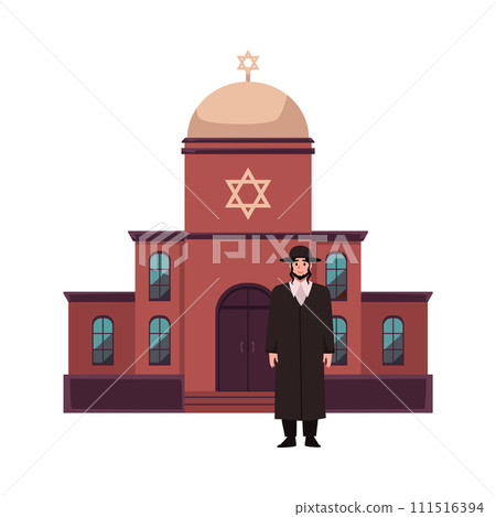 Rabbi or Jew against the synagogue, flat vector illustration isolated. 111516394