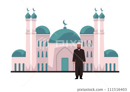 Mullah, Imam or Mufti on background mosque with crescent, vector Islamic religion, Ramadan Kareem prayer, Muslim culture Mullah, Imam or Mufti on background mosque with crescent, vector Islamic religion, Ramadan Kareem prayer, Muslim culture 111516403