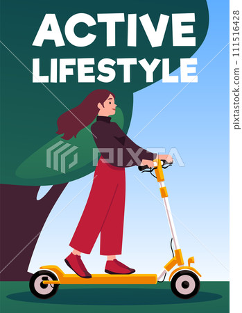 Woman riding electric walk scooter in park, female character driving eco urban transport, Active lifestyle vector poster 111516428