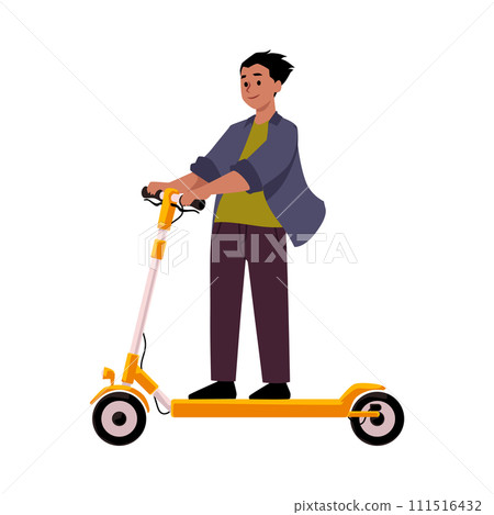 A smiling boy rides an electric scooter. Flat vector illustration. A smiling boy rides an electric scooter. Flat vector illustration. 111516432